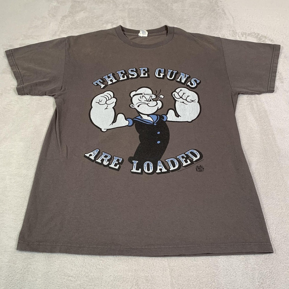 Vintage Popeye Sailor Man Shirt Mens Medium Gray These Guns Are Loaded Cartoon